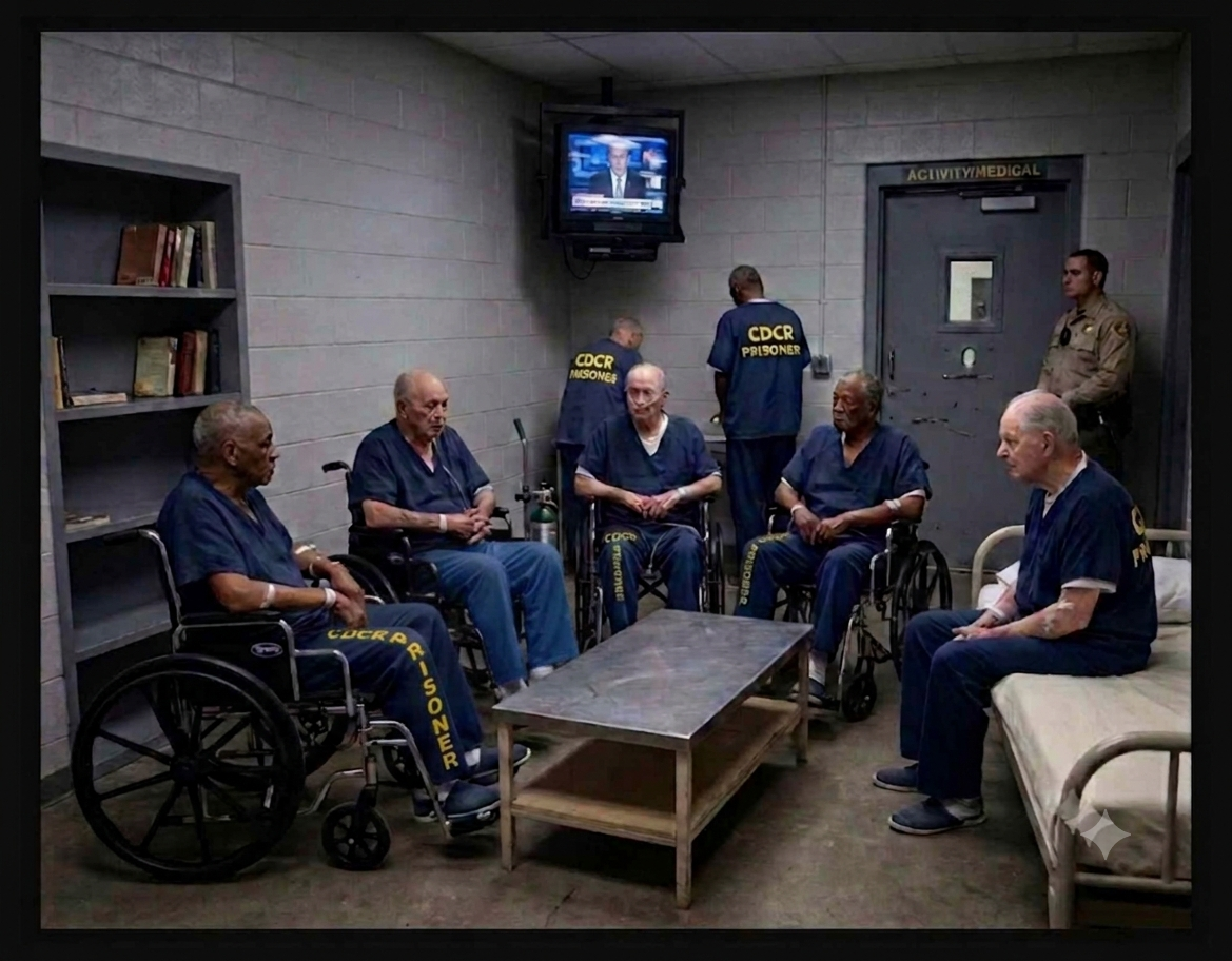 Group of elderly men in prison showing compassion and community